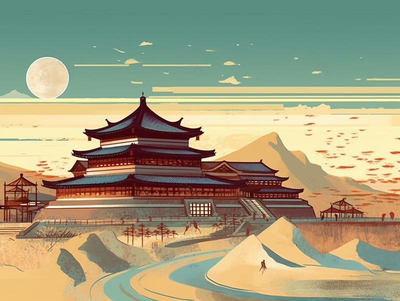 敦煌古城月牙泉鸣沙山古风建筑背景插画,插画/手绘图,插画/手绘图库,插画/手绘图下载,插画/手绘